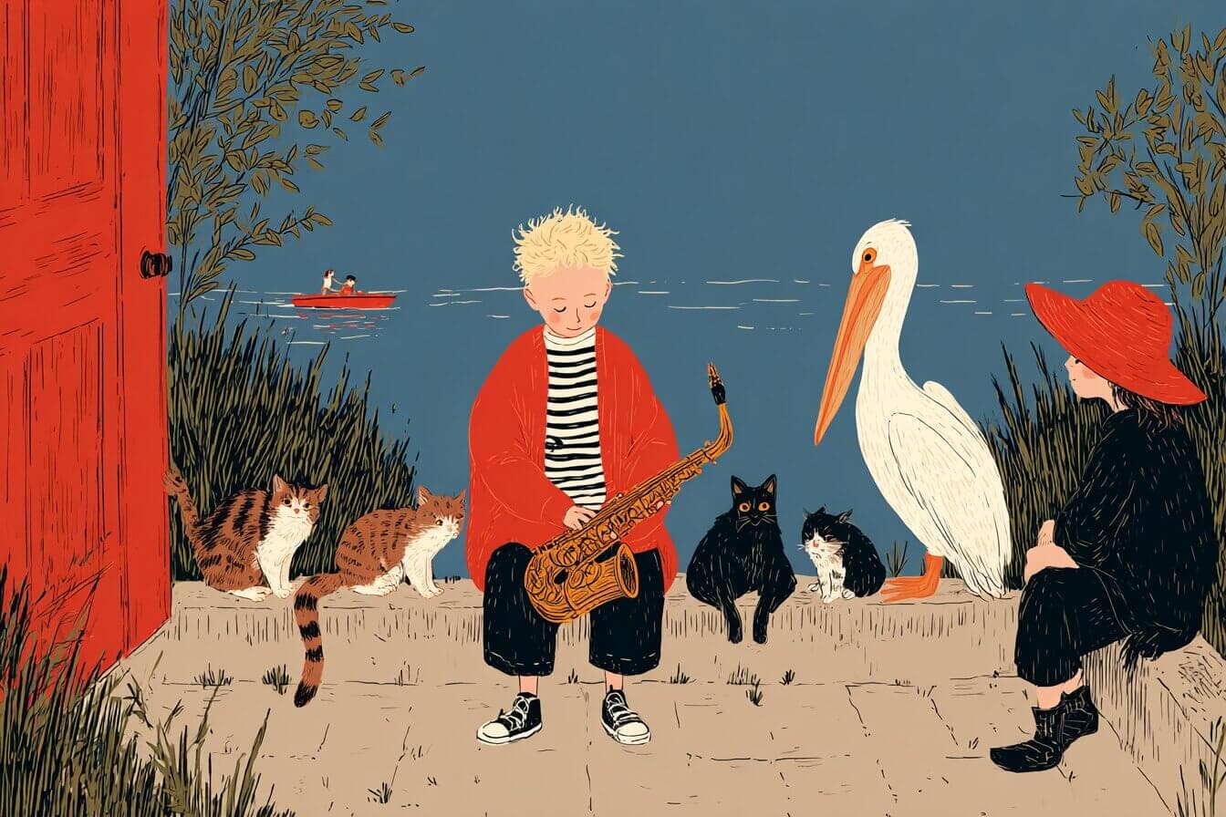 A boy plays saxophone on a warmly lit porch at dusk while cats, a raccoon named Harold, and a pelican gather to listen under string lights.