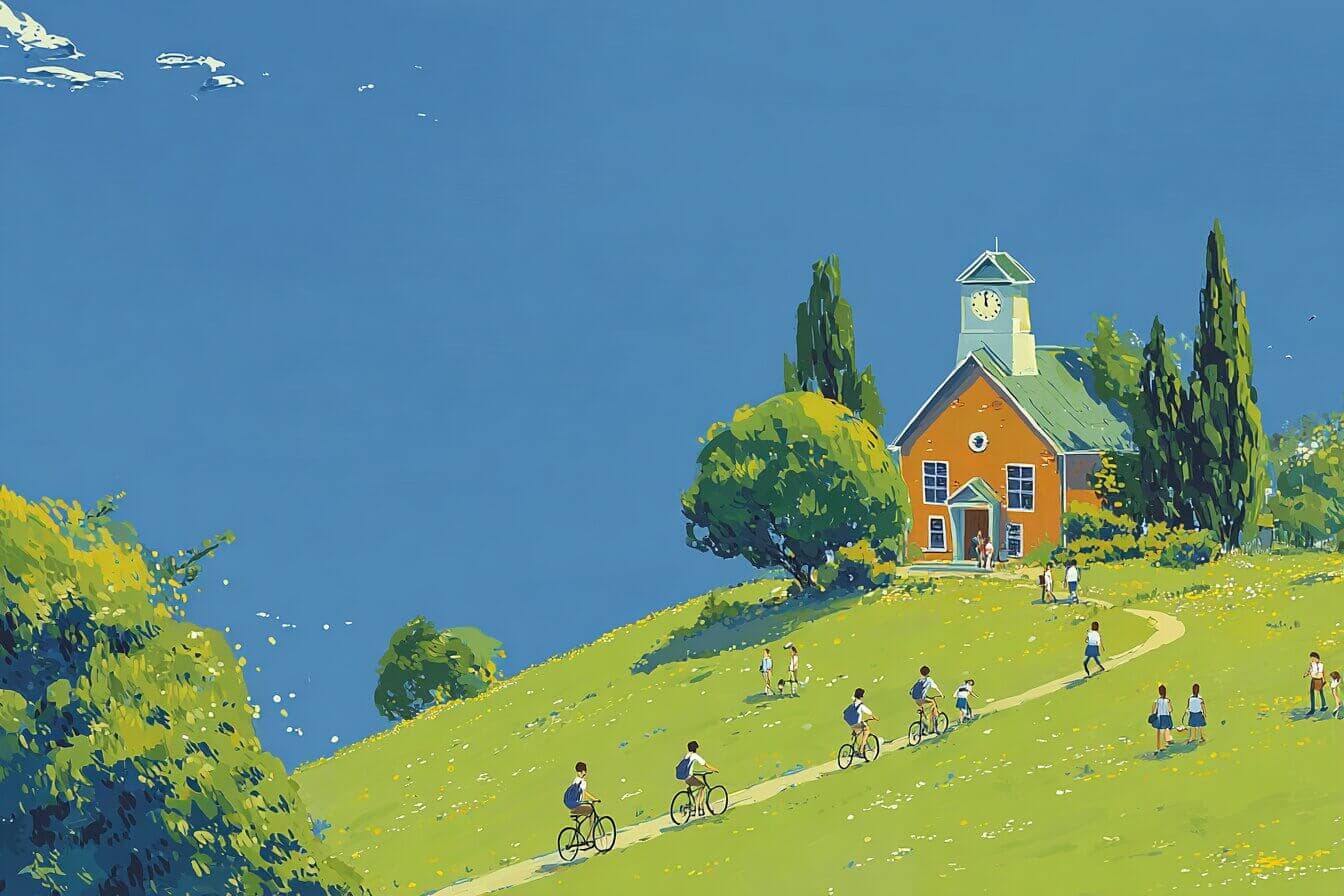 A child and two new friends stand by a classroom doorway as a teacher holds a small bell.