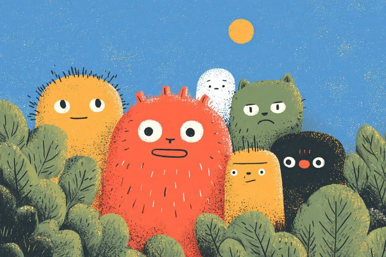 A child watches friendly glowing shapes parade through a quiet town square at twilight.