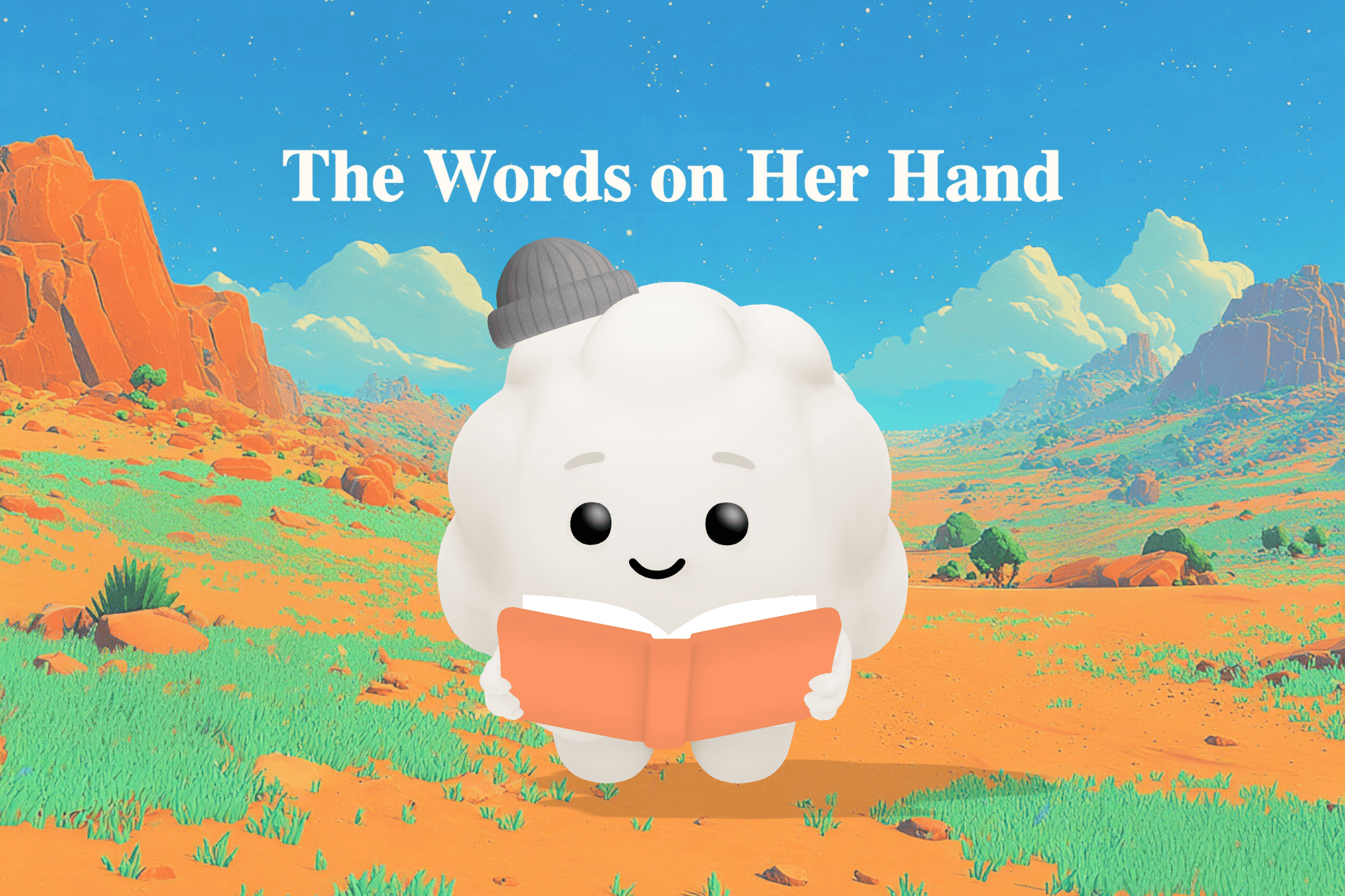 A young girl named Mei sits on a school swing with purple ink words written across her open palm as orange autumn leaves drift around her.