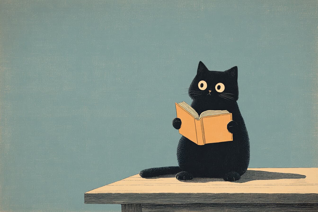 A cozy black cat reading a book under a warm lamp at night