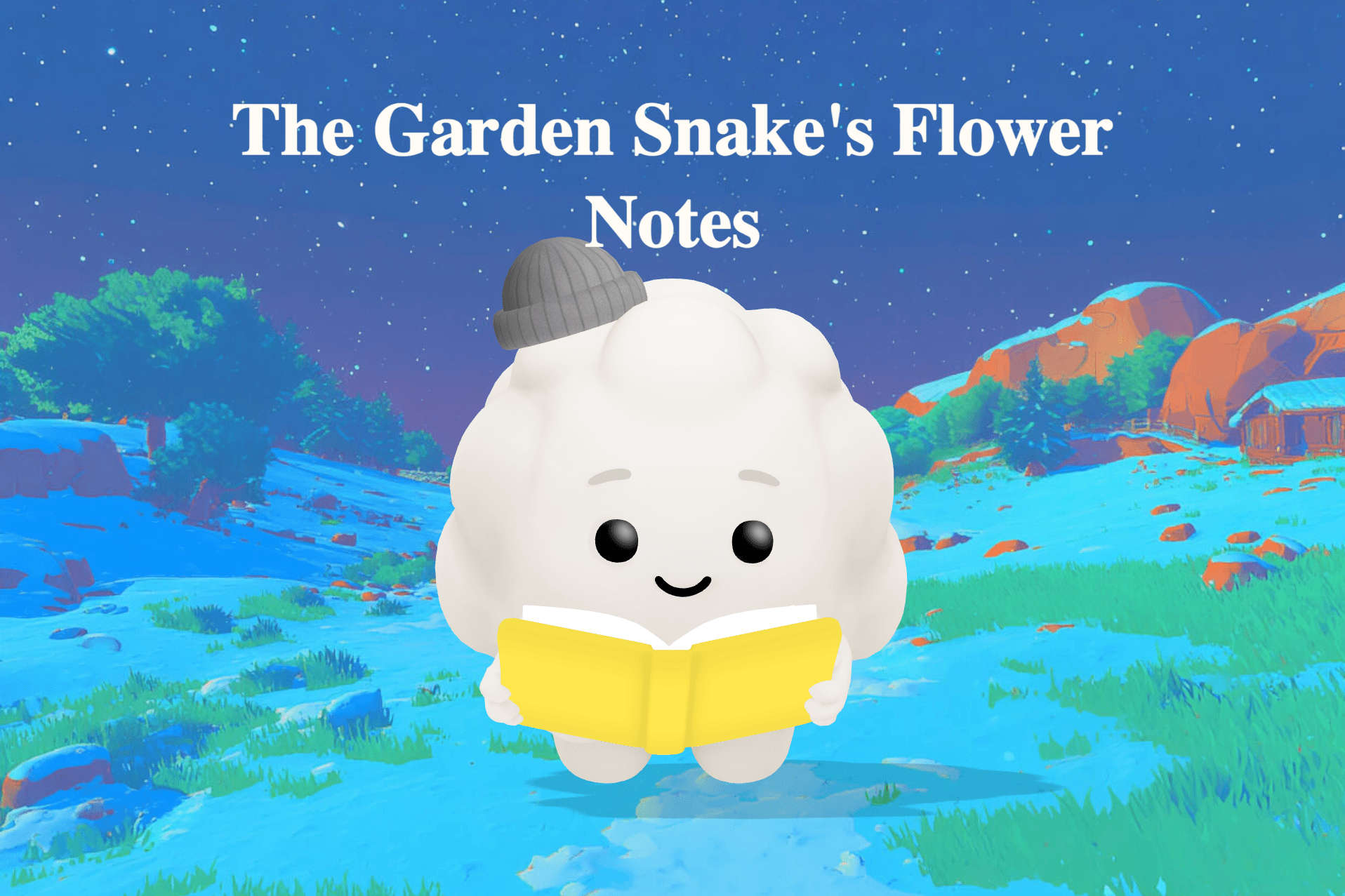 A friendly green garden snake carrying a bright flower on its back near a sunny porch surrounded by colorful blooms