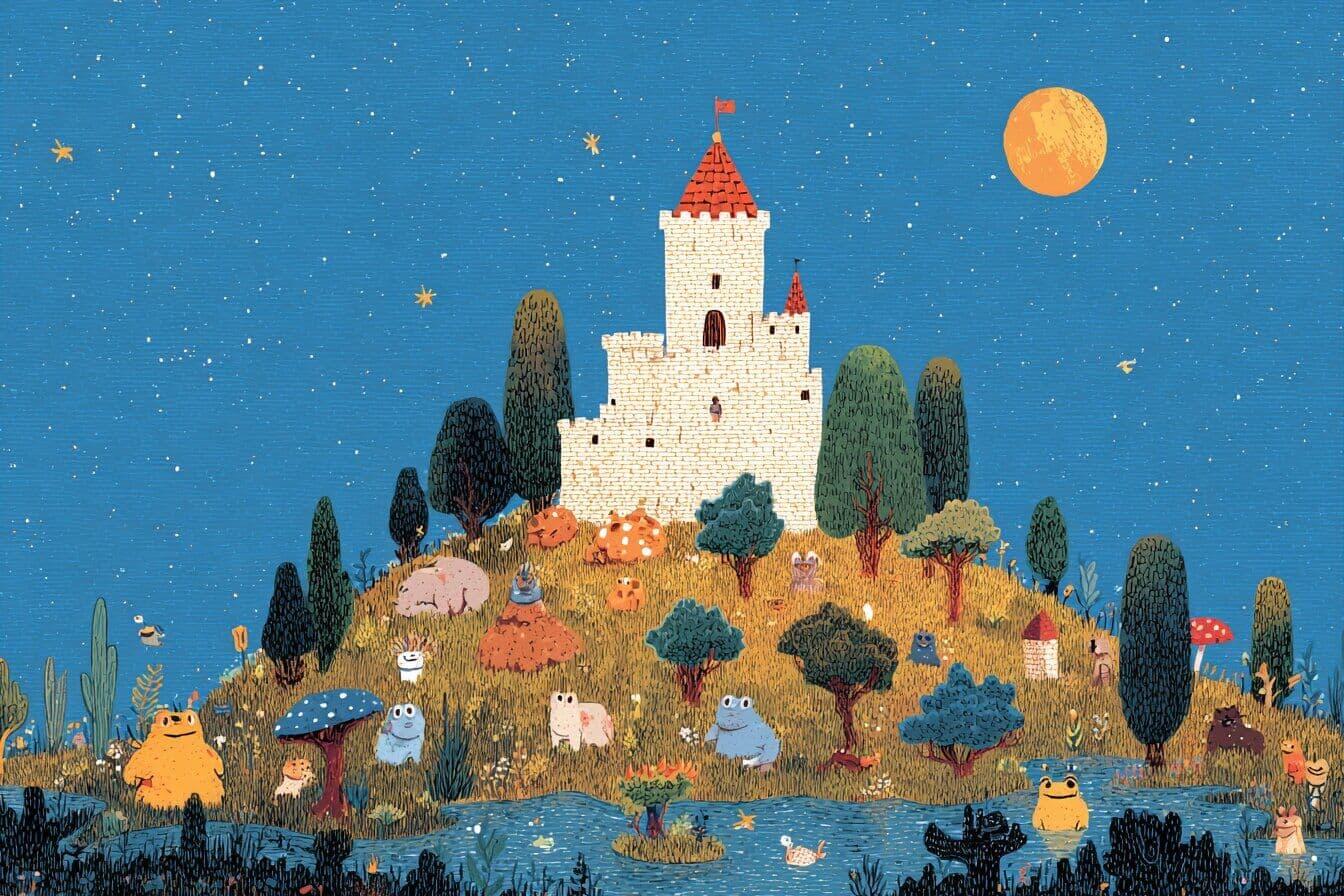 A child holds a glowing silver seed beside an open fairy tale book while a moonlit garden begins to bloom outside.