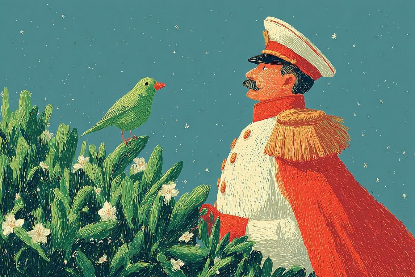 An emperor listens from a palace window as a nightingale sings in the moonlit trees beyond the garden.