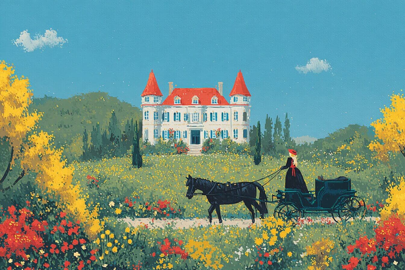 A silver haired princess in simple clothes stands beside a white mare as moonflowers glow softly near a palace garden.