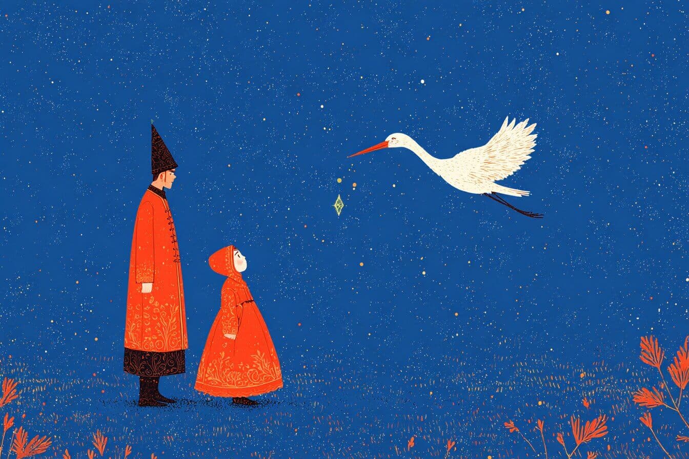 A boy and his little sister watch a bright feather drift beside an attic window at twilight.