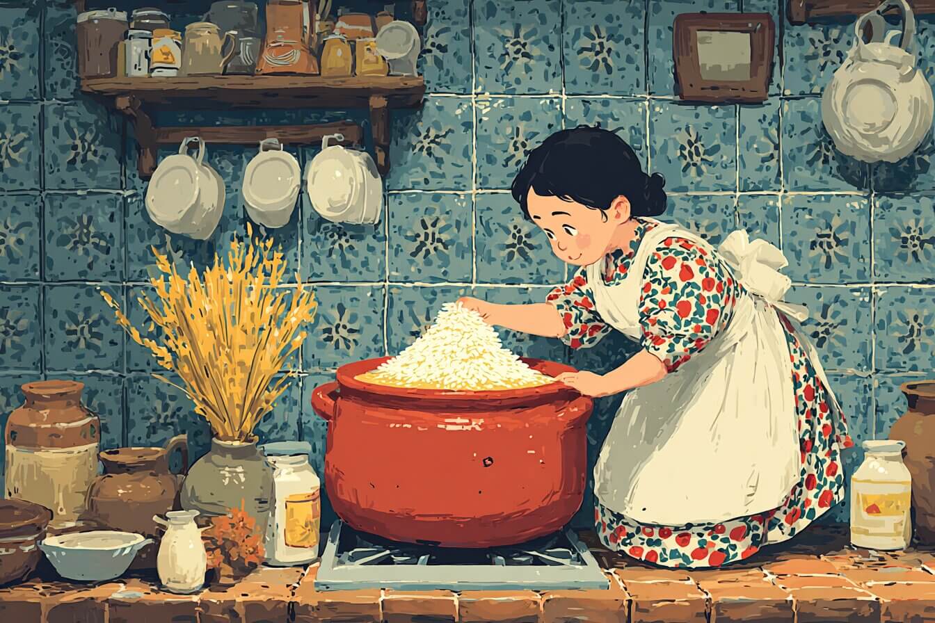 A girl and her mother watch a copper pot steam with cinnamon scented porridge in a cozy cottage kitchen.