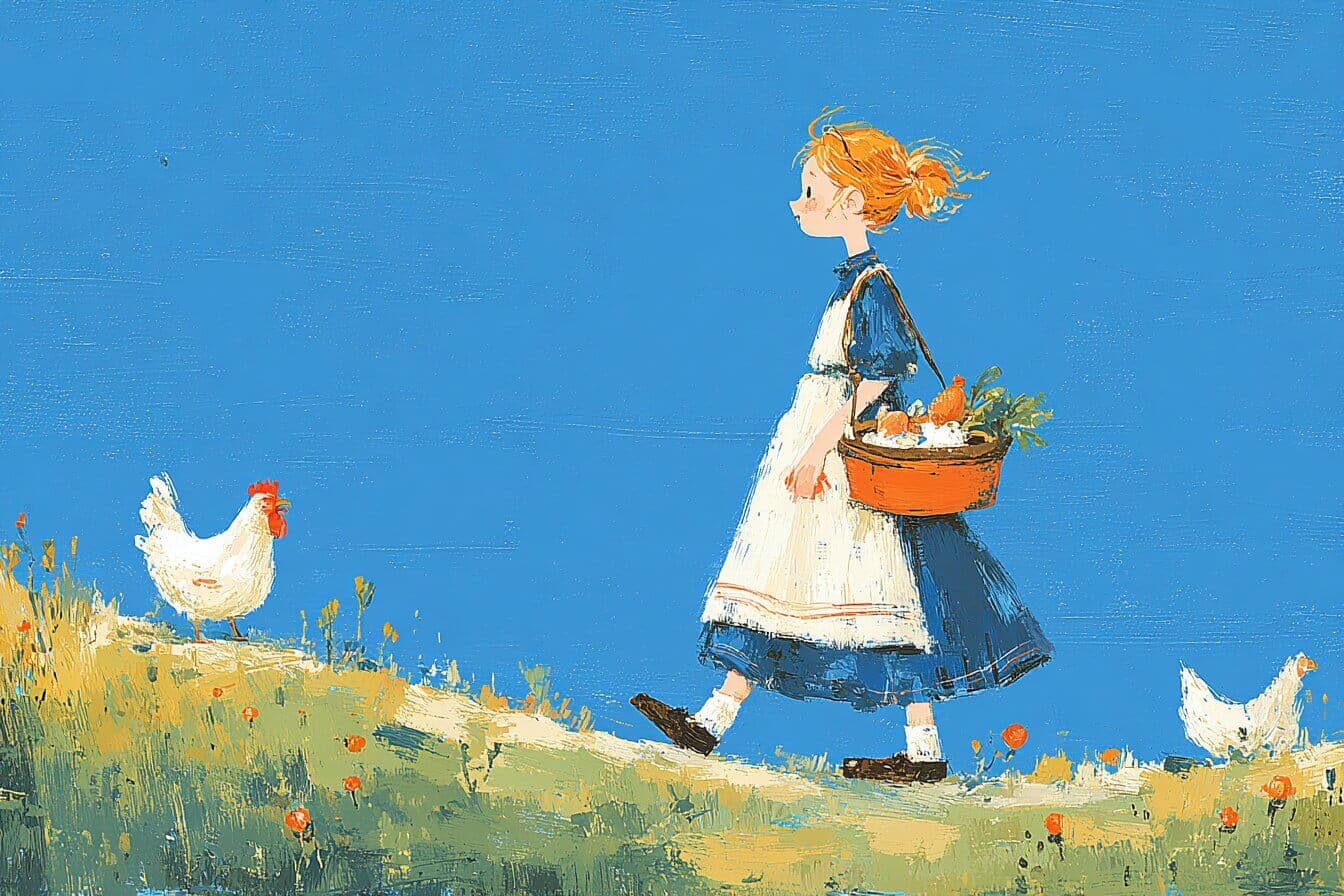 A milkmaid carries two pails along a sunrise path toward a village market, watching ducks and dragonflies by a brook.