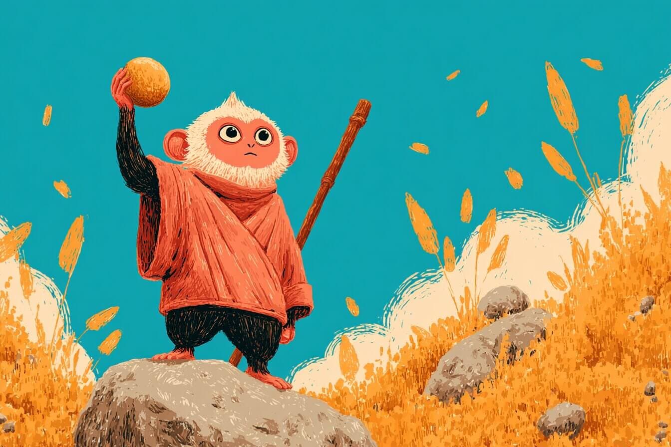 A small golden monkey king sits on a quiet mountain ledge holding a peach seed under a starry sky.