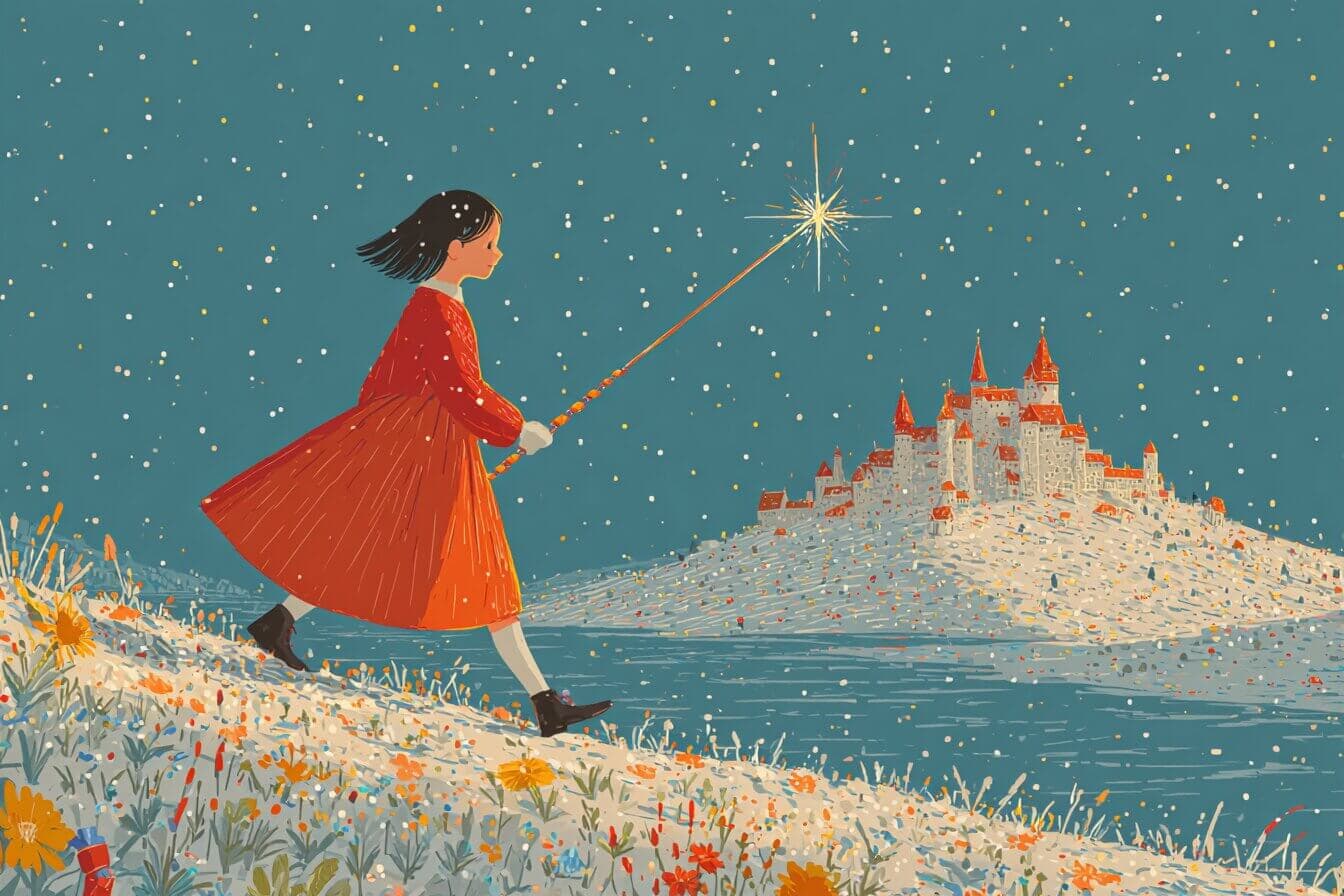 Clara holds a small nutcracker beside a glowing Christmas tree while soft snow falls outside the window.