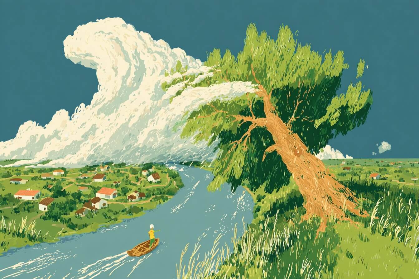 A wide oak tree beside a quiet river watches slender reeds sway softly in the evening breeze