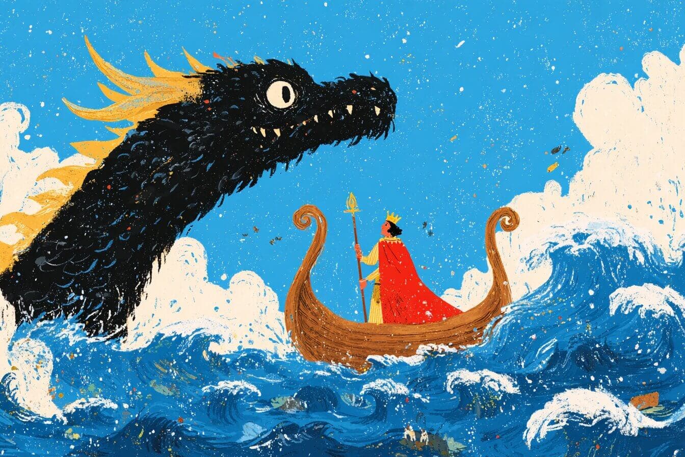 Telemachus stands on a small ship at sunrise holding a painted wooden horse while dolphins swim beside him.