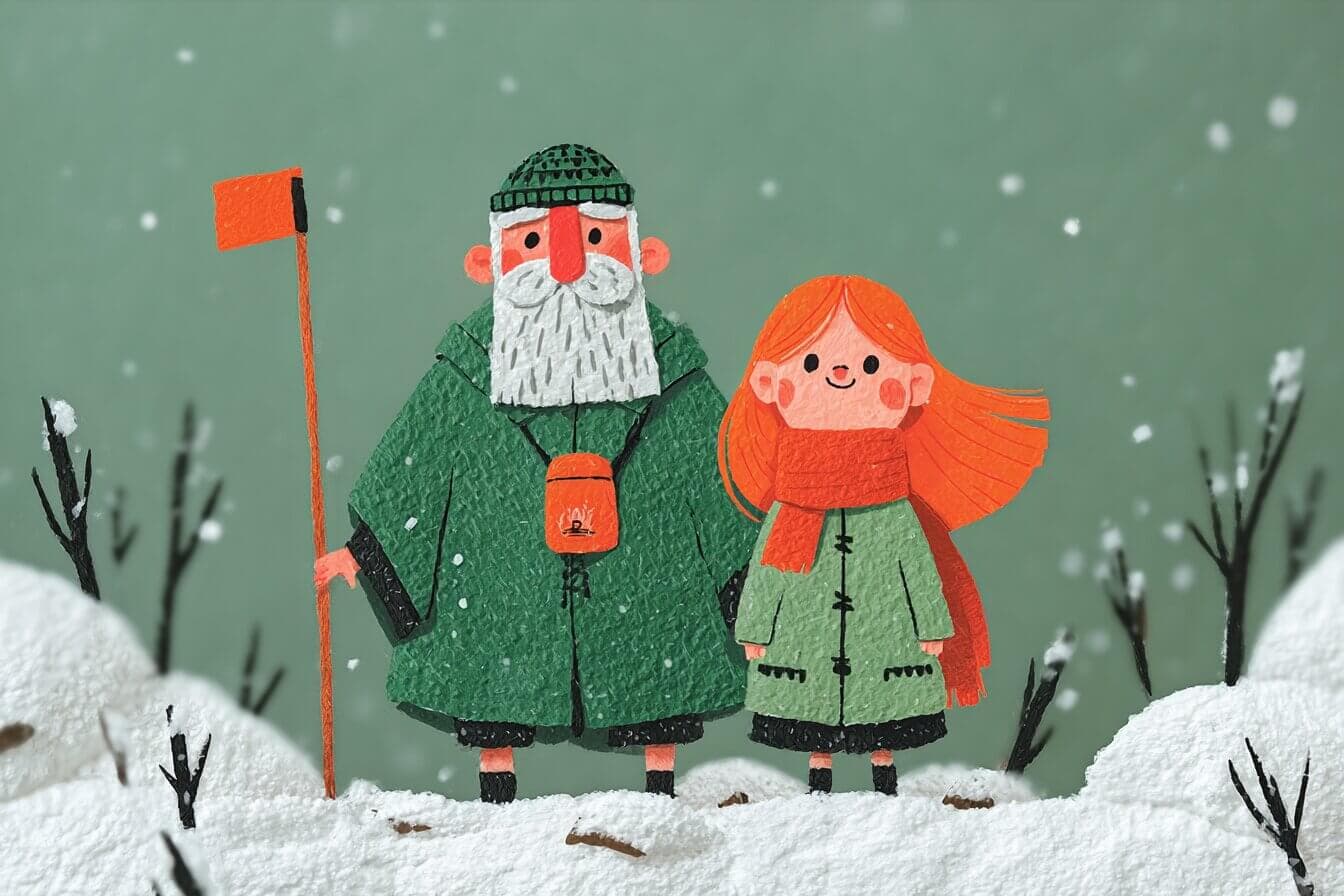 An elderly couple and a snow girl with a red scarf stand by a quiet forest gate of ice under moonlight.