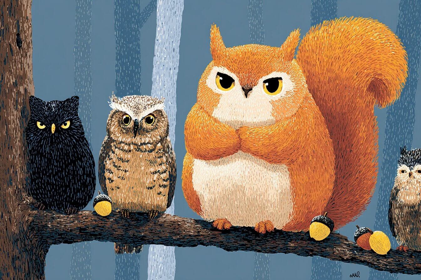 A young squirrel with a shortened fluffy tail sits quietly beneath an old owl's oak tree in an autumn forest