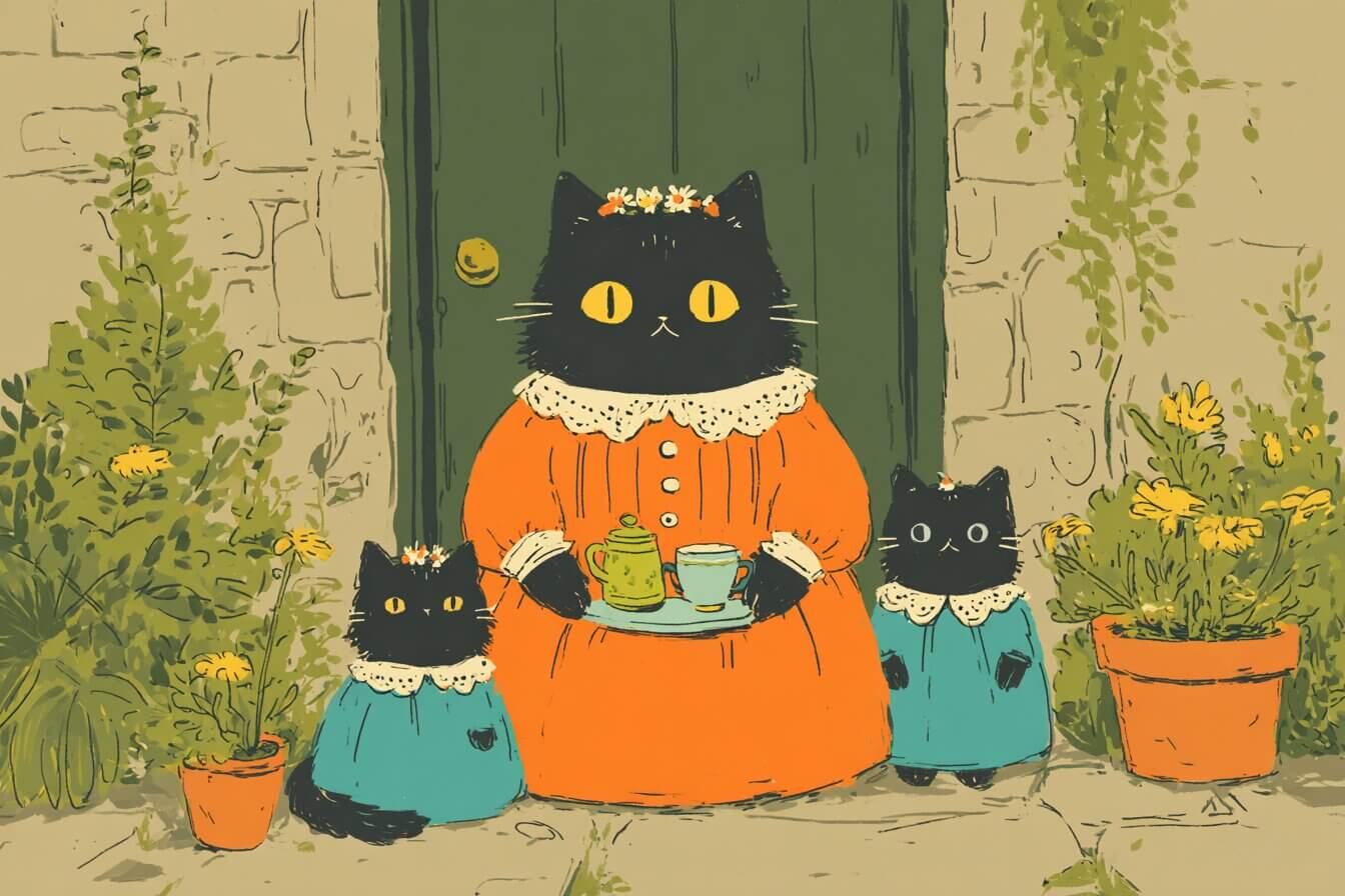 Three kittens at a garden tea table laugh as a cow shaped teapot and sugar cubes make a gentle mess.