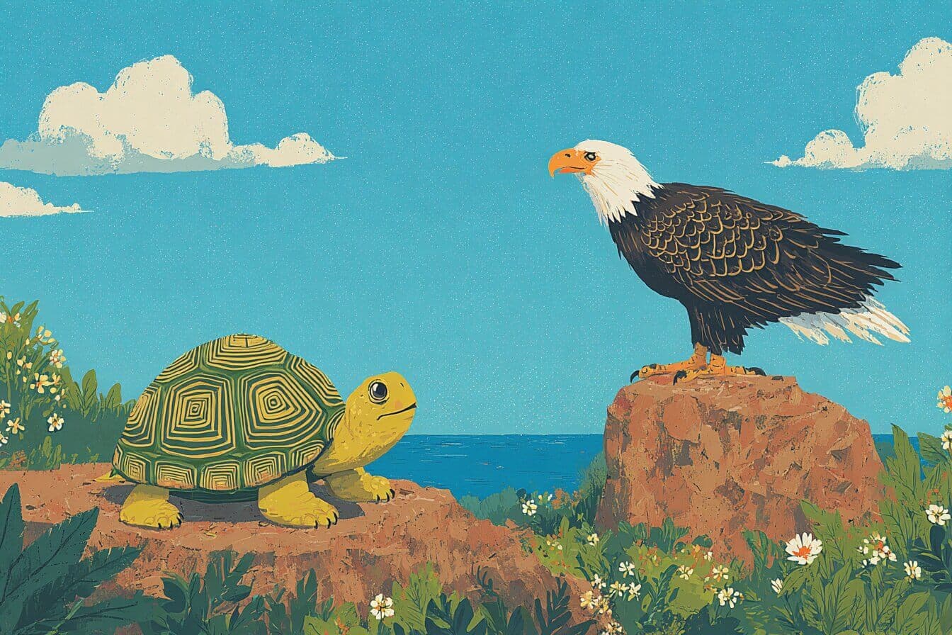 A curious tortoise watches an eagle glide above a warm sunset rock by the river.