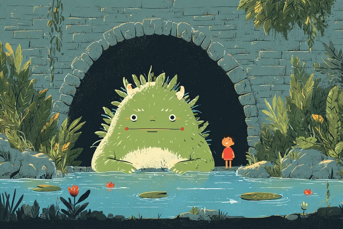 A moss haired troll sits under a moonlit stone bridge while a child holds a star shaped lantern nearby.