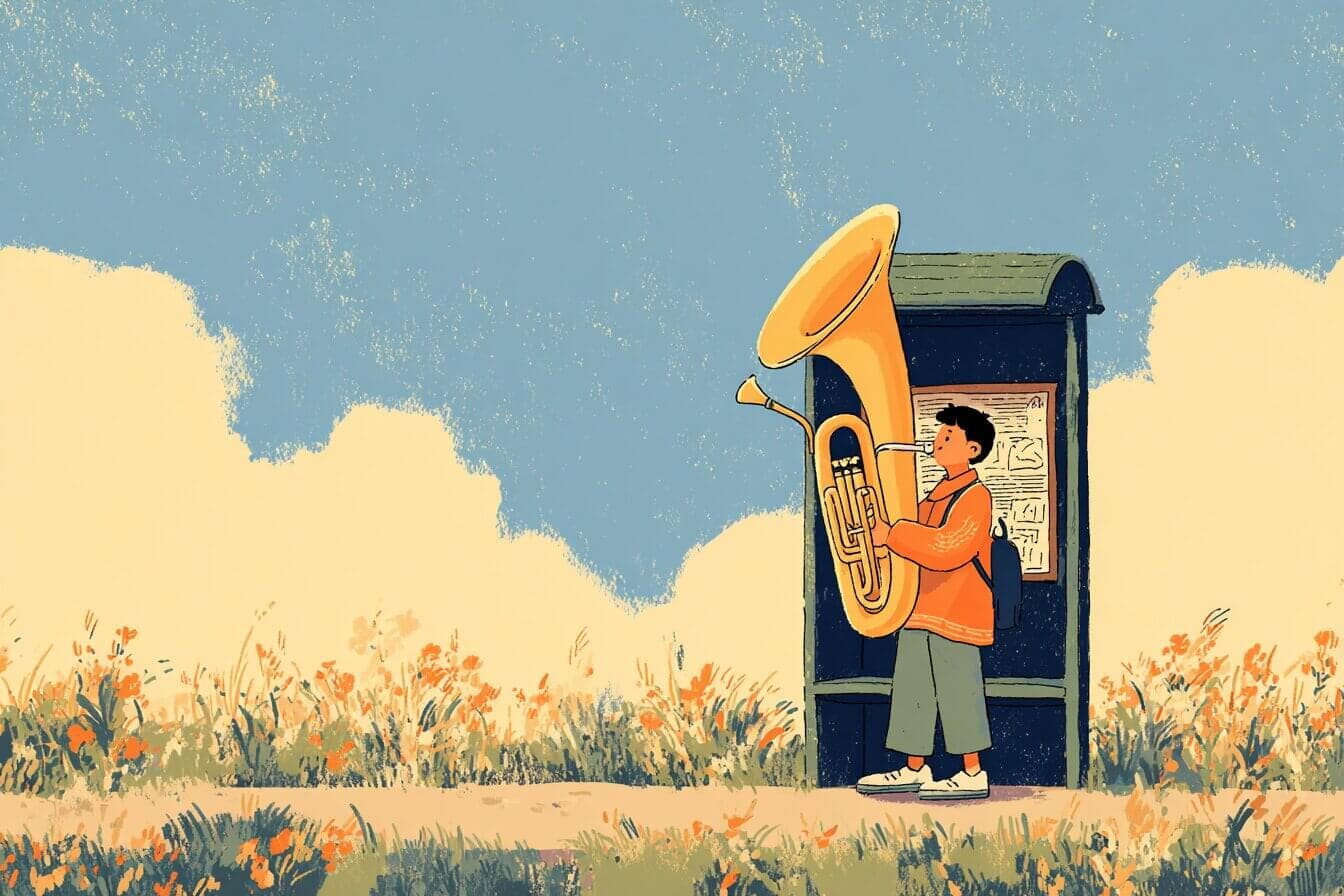 A small boy walks through falling snow carrying a large brass tuba case on his back with warm streetlights glowing ahead.