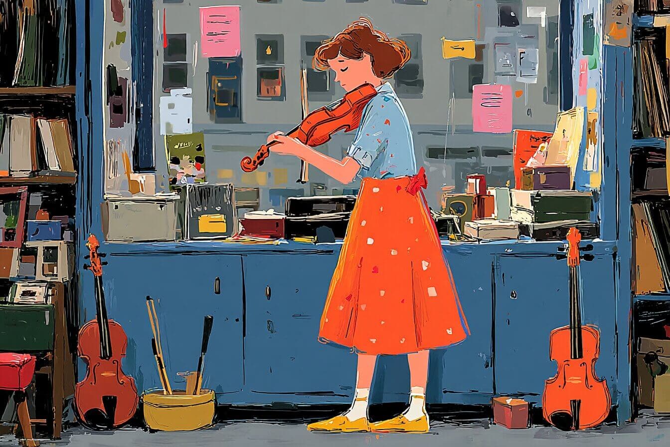 A glowing violin rests on a velvet pad inside a cozy music shop while a boy and a translucent girl stand nearby in warm lamplight.