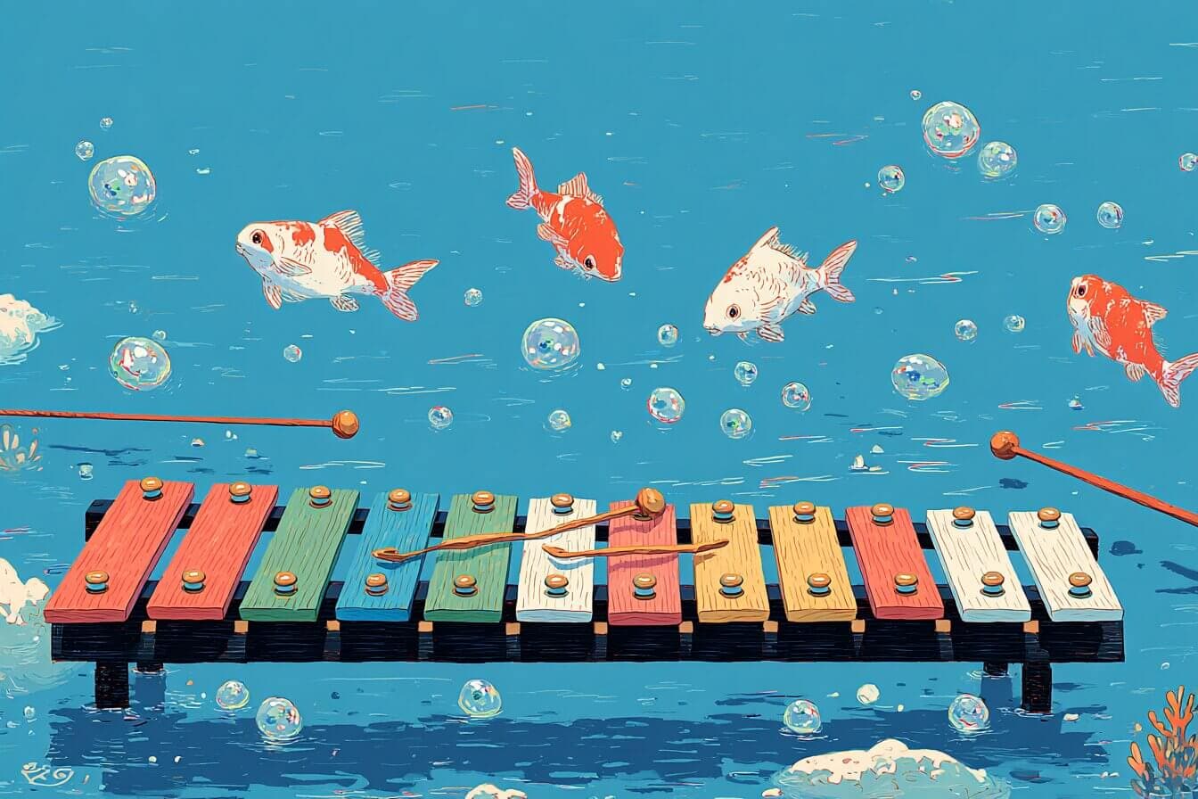 A young girl named Juno plays a rainbow xylophone as soft colorful bubbles float upward through a cozy daycare room.